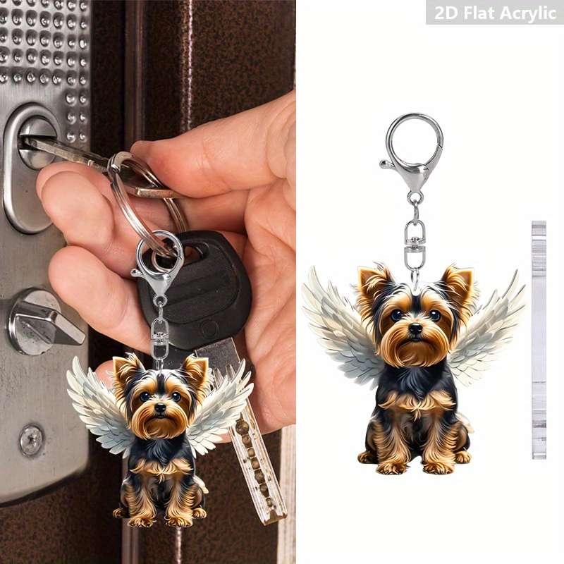 1pc 2D Flat Charming Yorkshire Terrier Acrylic Keychain with Angel Wings Cute  Design Transparent