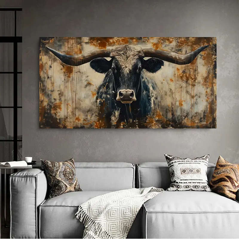 Rustic Longhorn Bull Canvas Art Print - Modern Farmhouse Wall Decor, Unframed