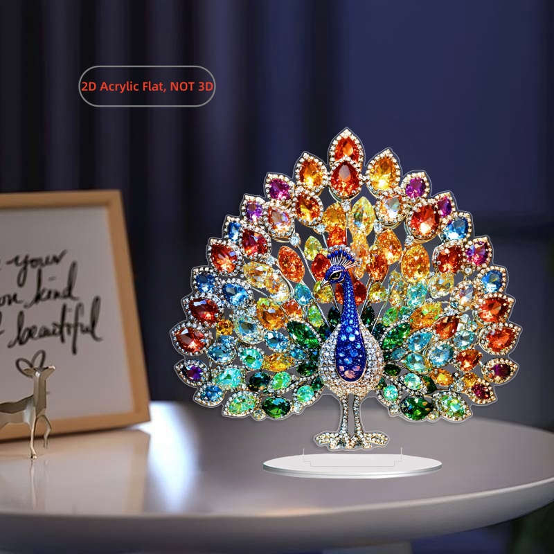 1pc 2D Flat  Vibrant  Acrylic Peacock Tabletop Display with Base Colorful Gemstone Design 18.3