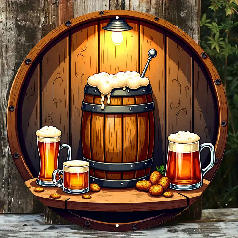 1pc Vintage Beer Barrel Round Aluminum Sign Rustic Metal Wall Art