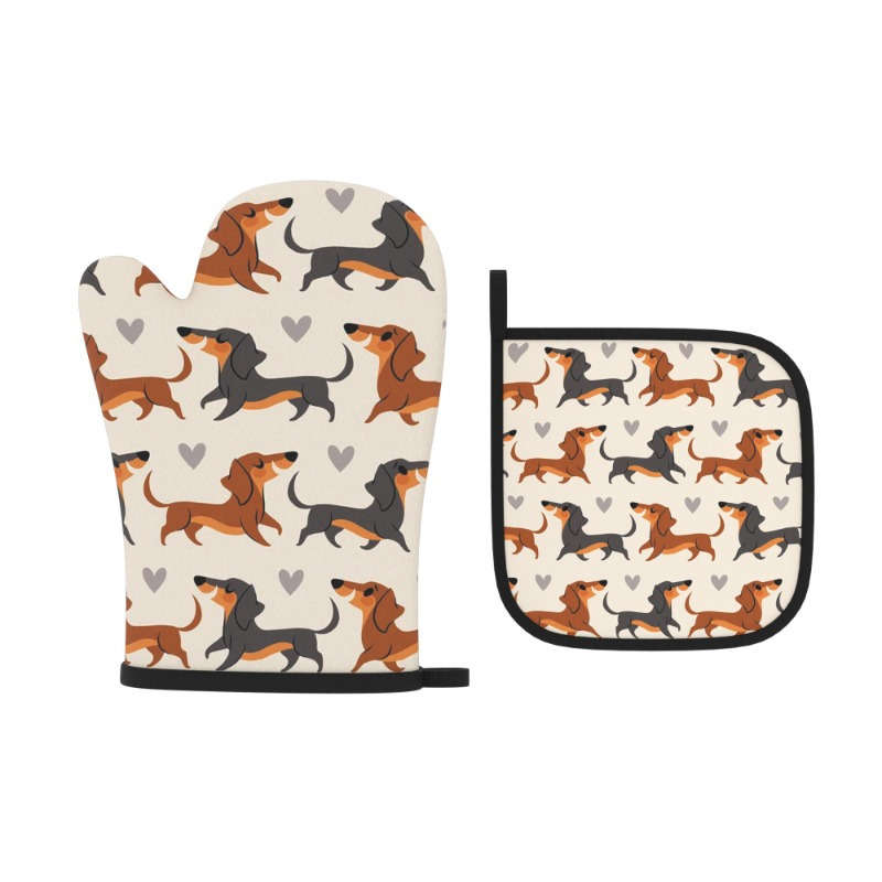 2pcs Dachshund Pattern Polyester Oven Mitts and Potholders Set Heat Resistant Kitchen Grilling