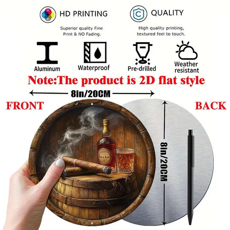 Round Metal Sign Art Piece Themed Around Cigars And Whiskey Featuring High-Definition 2D Design