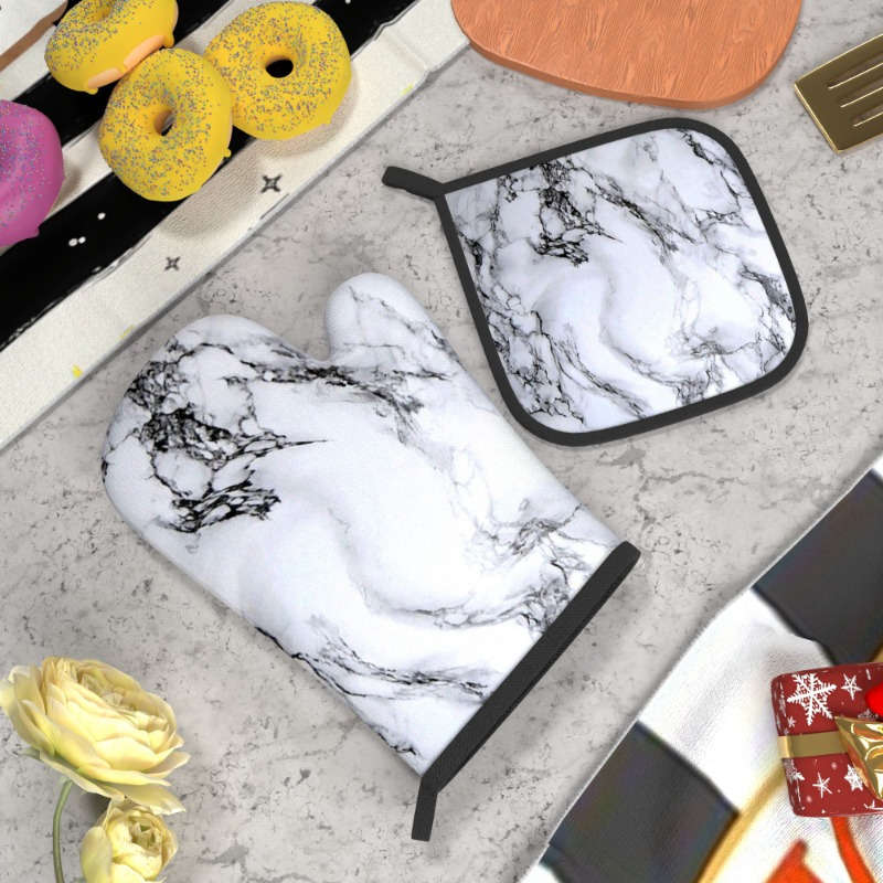 2pcs Marble Pattern Polyester Oven Mitts Heat Resistant Pot Holders Woven Machine Washable