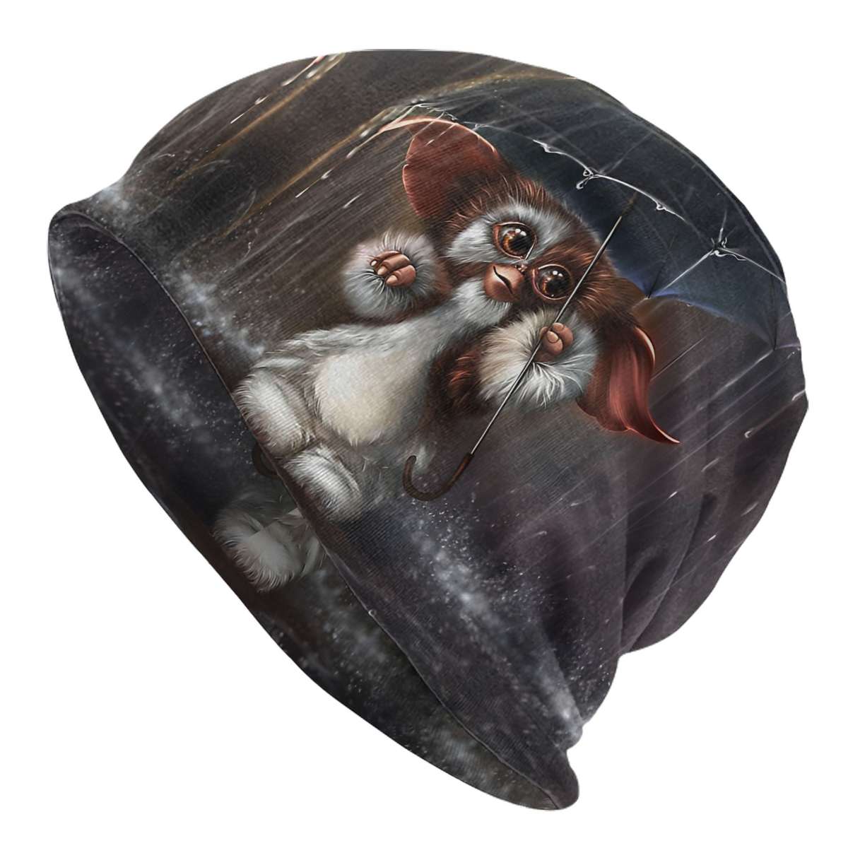Whimsical Gizmo-Themed Skull Cap Cozy Knit Beanie With Cute Umbrella Rain Design Soft Pol