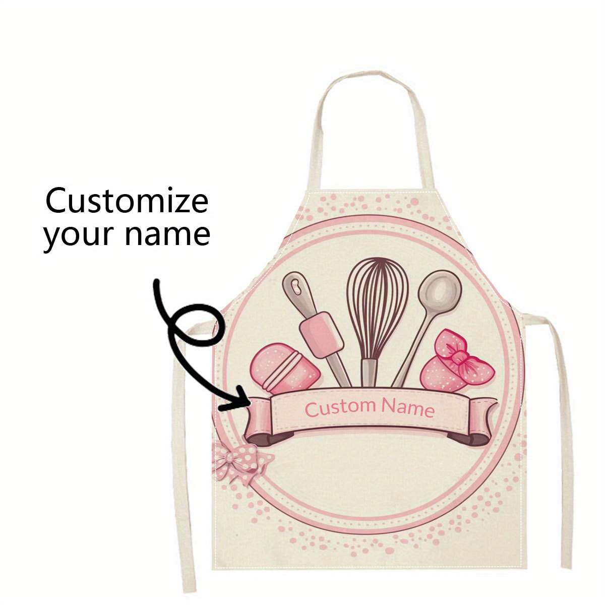 1pc Customizable Womens Chef Apron Personalized Name Linen Kitchen Apron with Whisk Culin