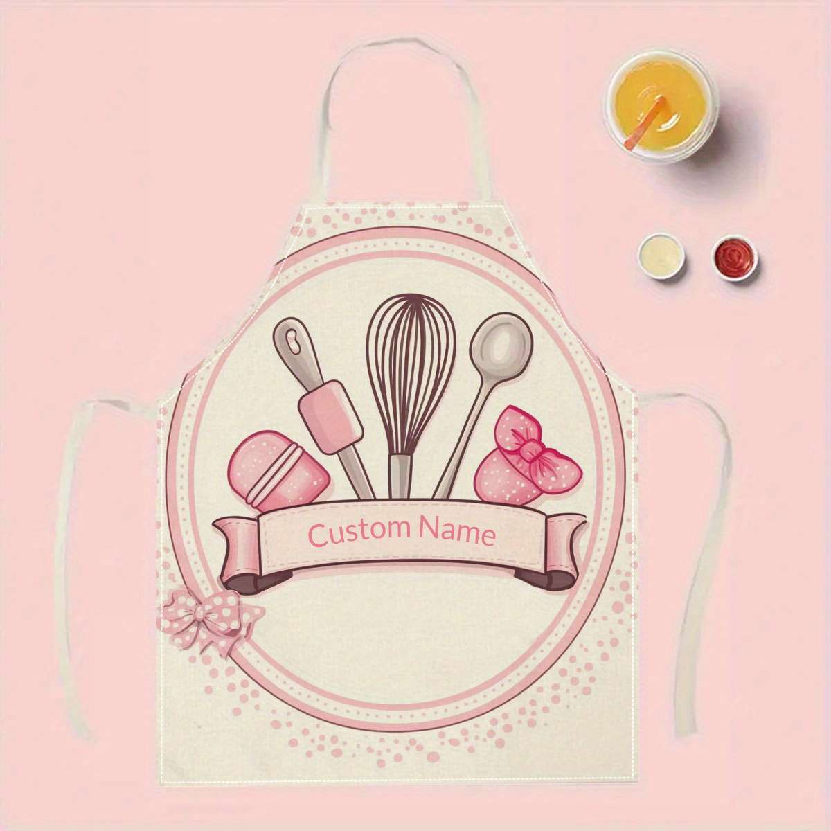 1pc Customizable Womens Chef Apron Personalized Name Linen Kitchen Apron with Whisk Culin