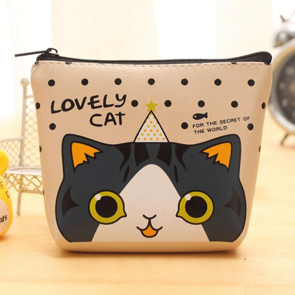 Women'S Cat-Themed Zipper Coin Purse Compact Wallet With Adorable Cartoon Kitty Design Multi