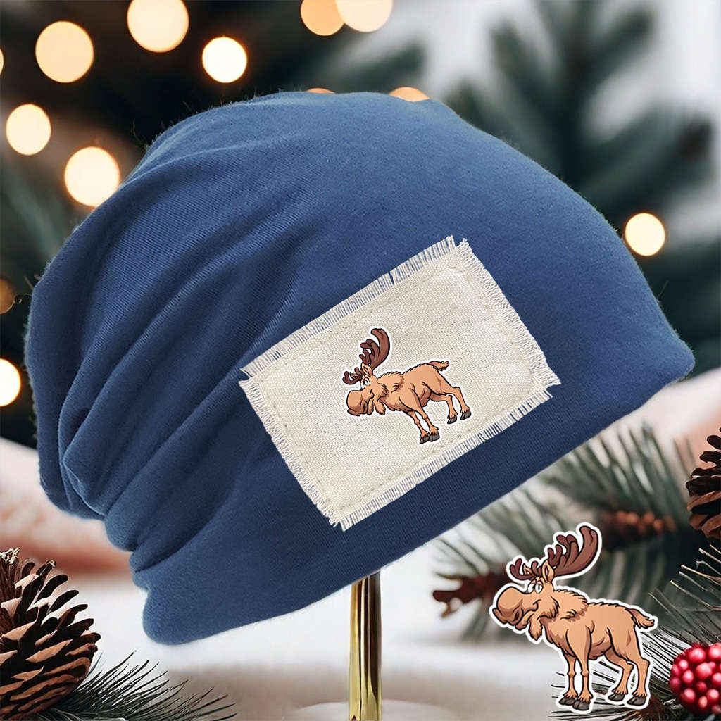 Cozy Moose Print Beanie Hat Unisex Stretch Fit Lightweight Washable Brown With White Pat