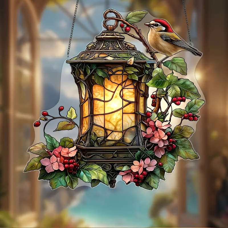 2D Flat Charming Bird And Lantern Colorful Acrylic Pendant 5.9X5.9 Acrylic Garden-Them
