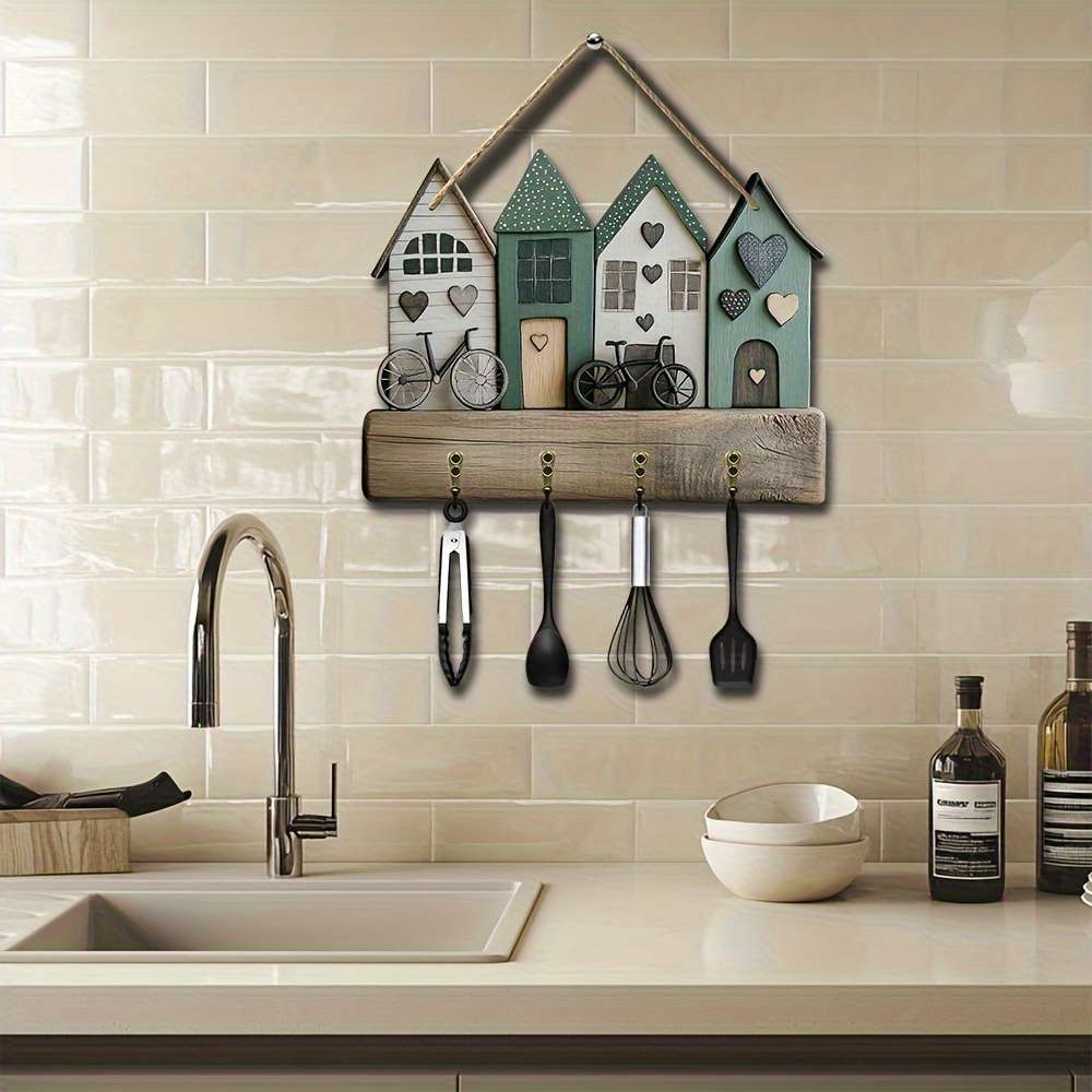 A Creative Small House And Bicycle Wall-Mounted Key Holder Featuring a Simple And Colorful Wooden K