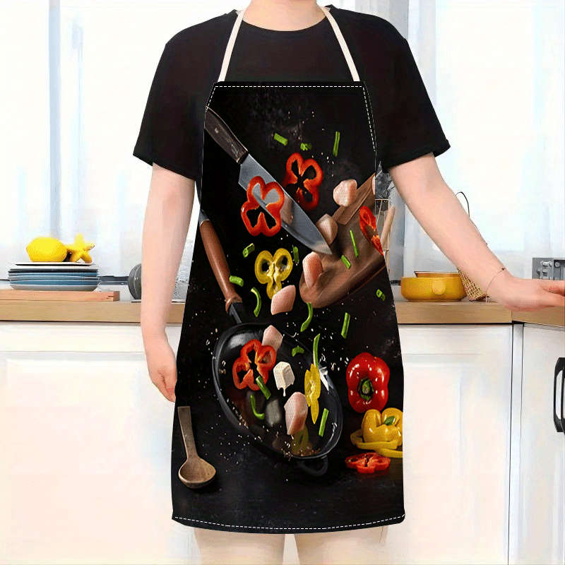 1pc Large Linen Kitchen Apron with Vibrant Red Pepper Vegetable Print Durable Washable Ad