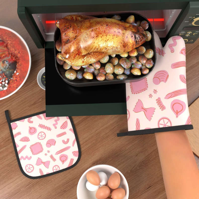 2-Pack Pink Pattern Polyester Oven Mitts 26.92x17.02 cm Heat Resistant Kitchen Potholders Ma