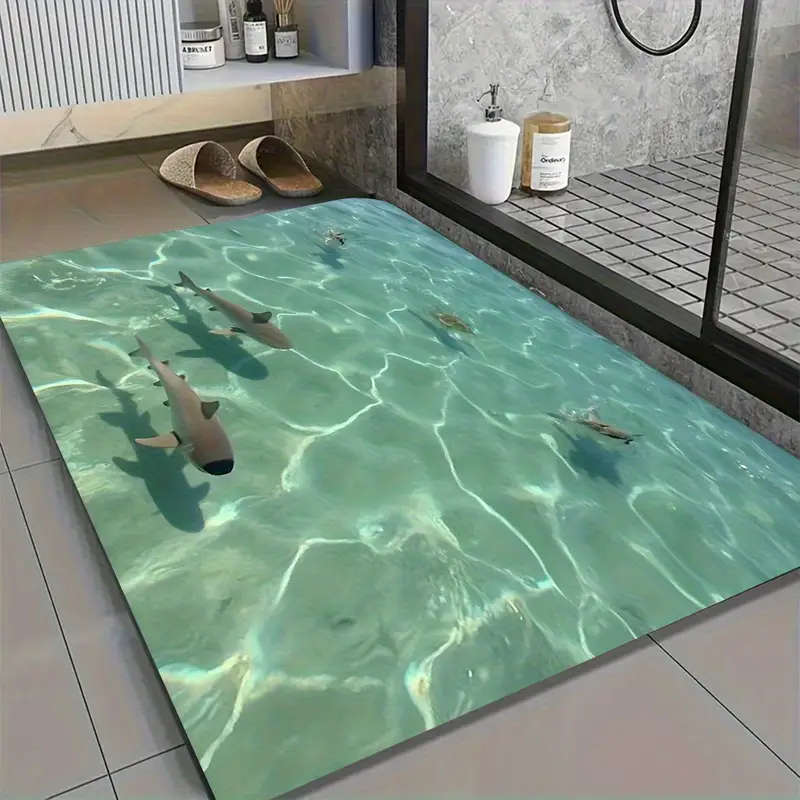 Underwater Shark Pattern Bathroom Anti-Slip Mat, Diatom Mud Floor Rug - Quick-Dry Absorbent
