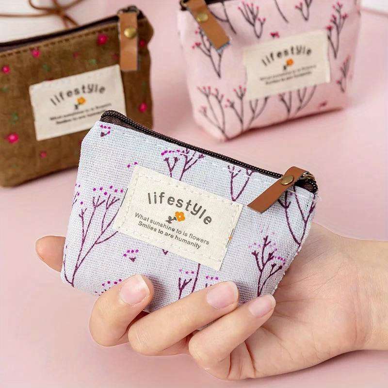 Chic Floral Canvas Coin Purse Key Pouch Compact Zippered Wallet With Earphone Storage Ligh