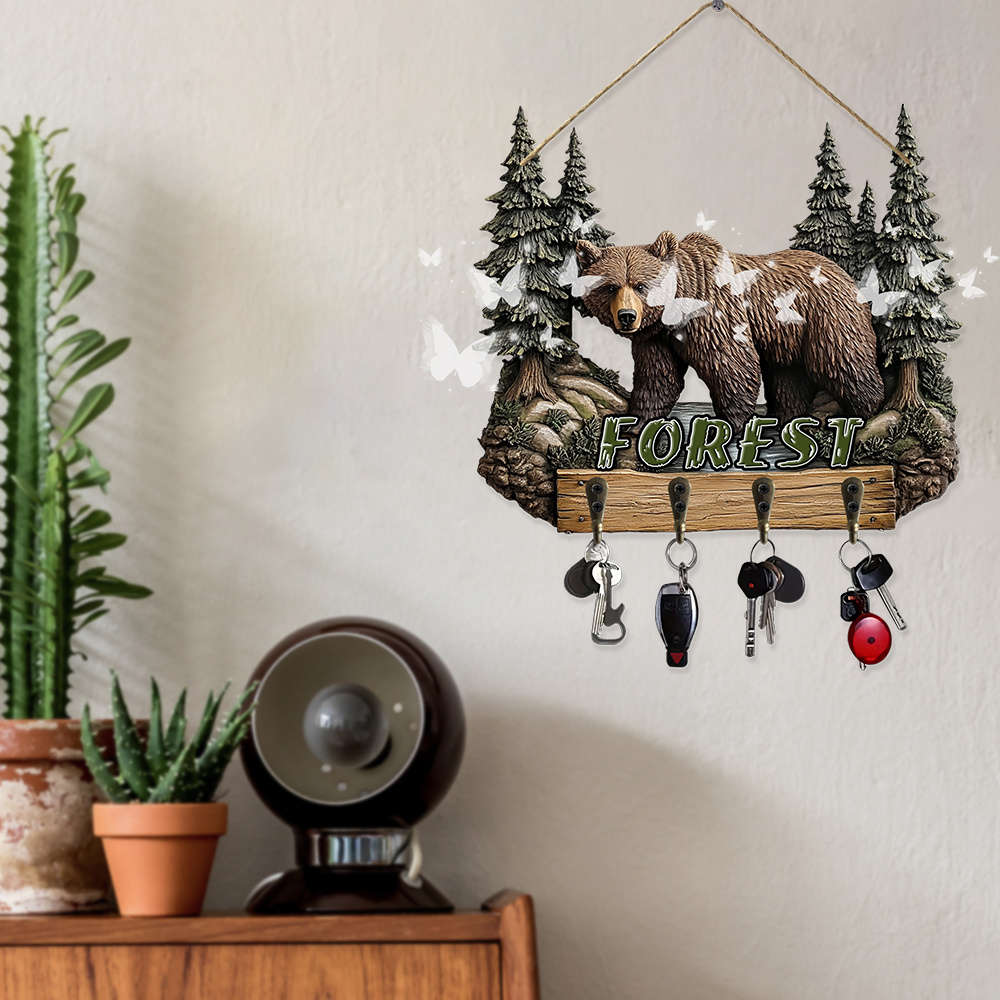 Vintage Forest Bear Wall HookRustic Wooden Key Holder with Brown Bear  Pine Tree Design Perfect