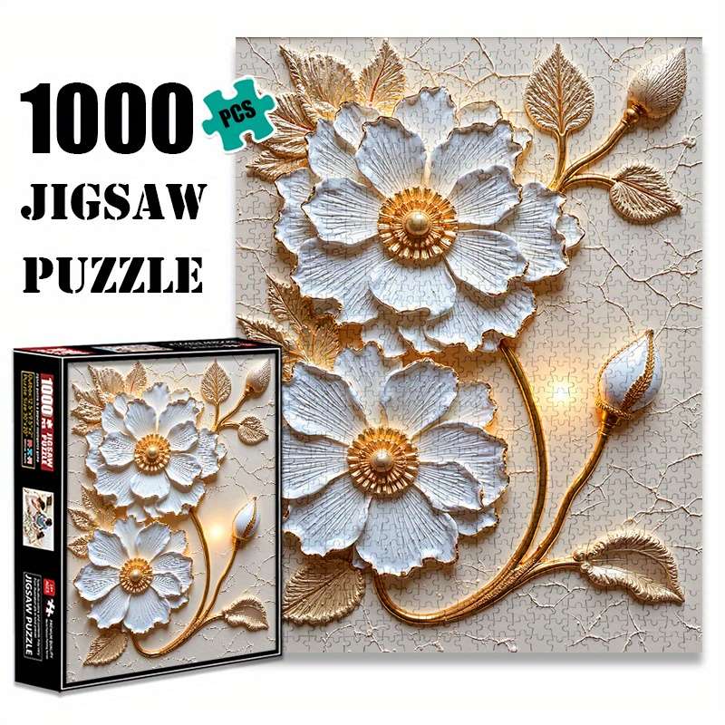 1000pcs Golden-Trimmed White Floral Jigsaw Puzzle Scratch High Quality High-Leve