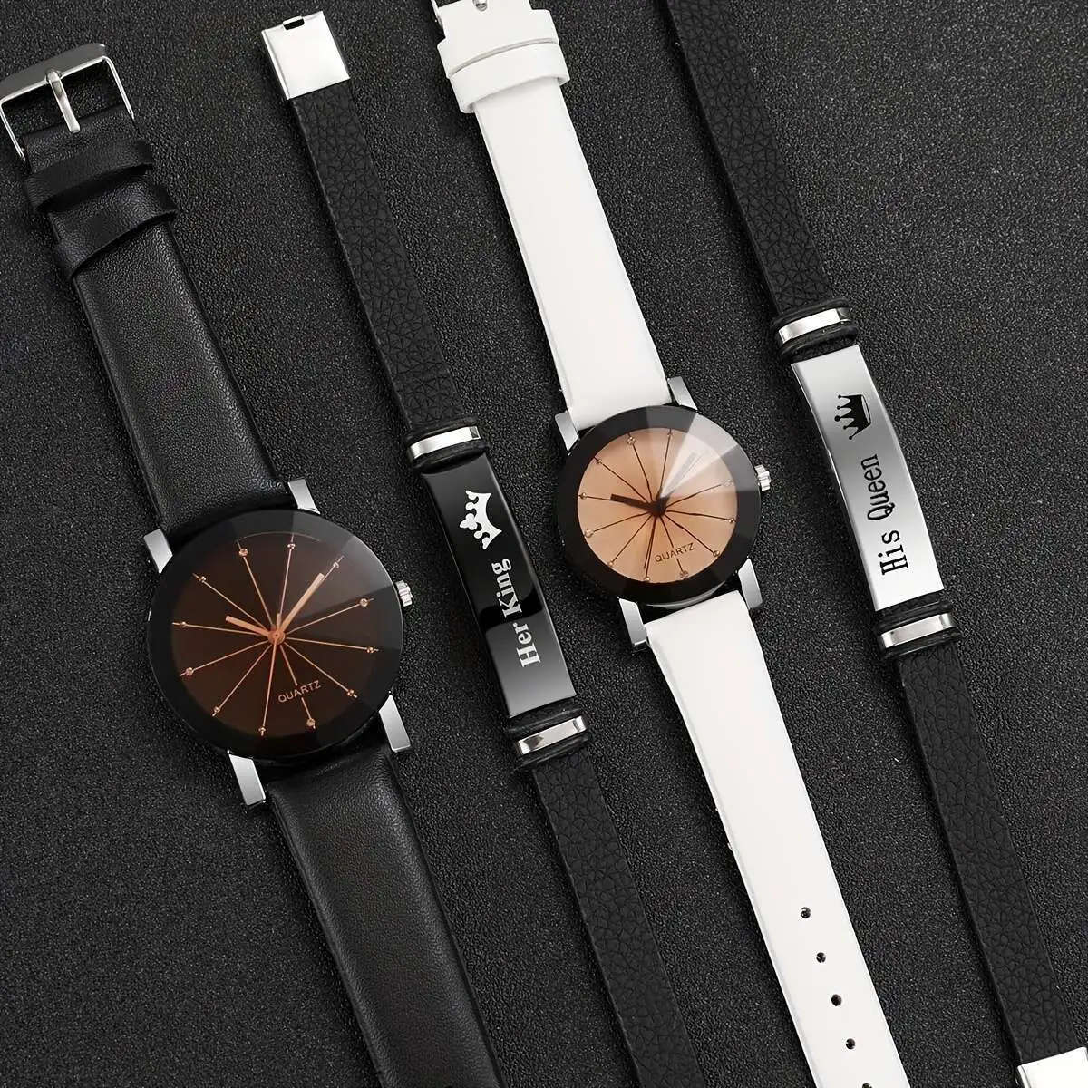 4pcs Set Classic Minimalist Quartz Watch and Bracelet Set Round Alloy Case Faux Leather Band Trendy