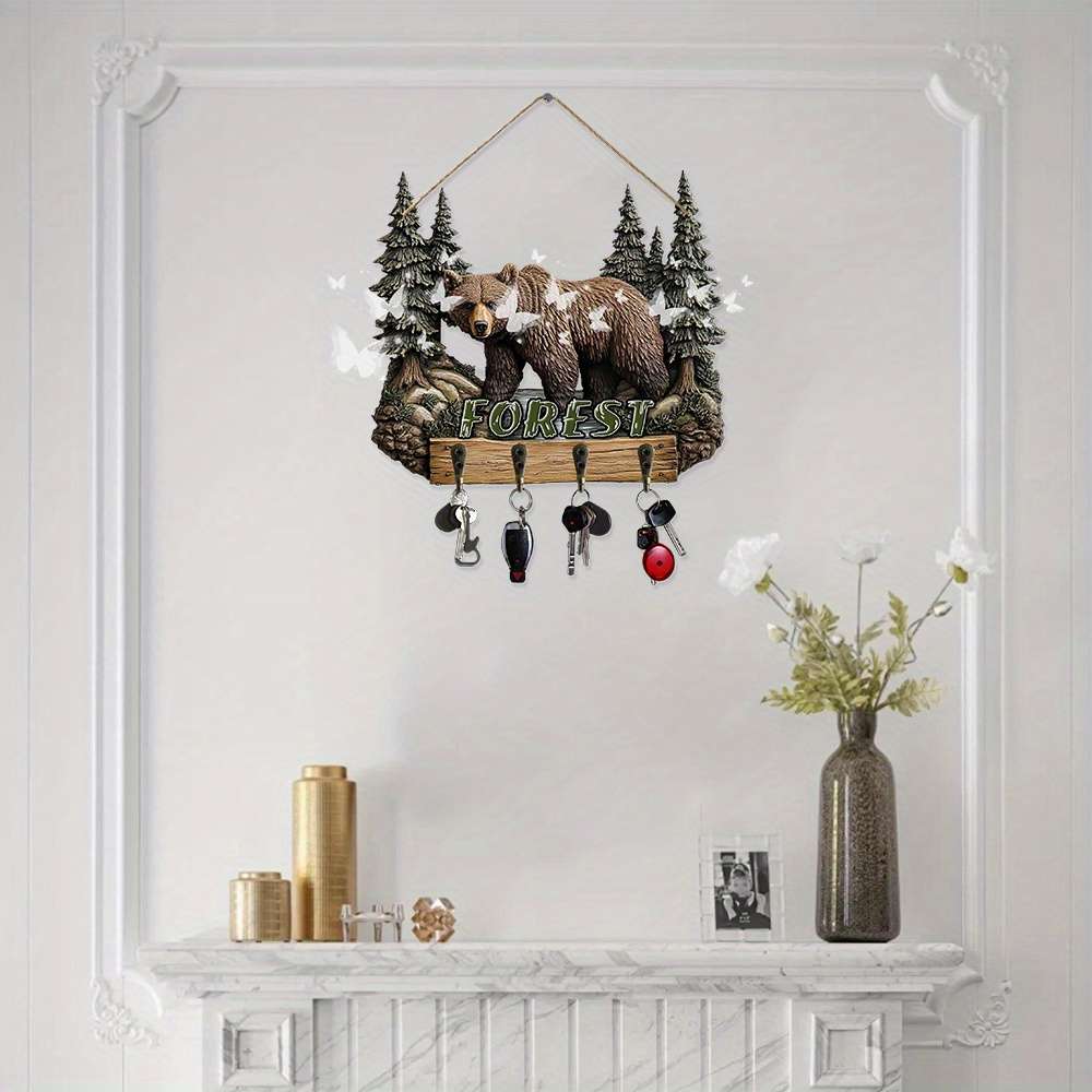 Vintage Forest Bear Wall HookRustic Wooden Key Holder with Brown Bear  Pine Tree Design Perfect