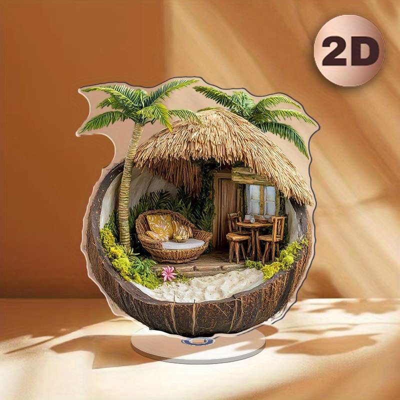 2D Flat Tropical Hut In A Coconut Shell Acrylic Desk Decor With Stand Design Featuring Pa