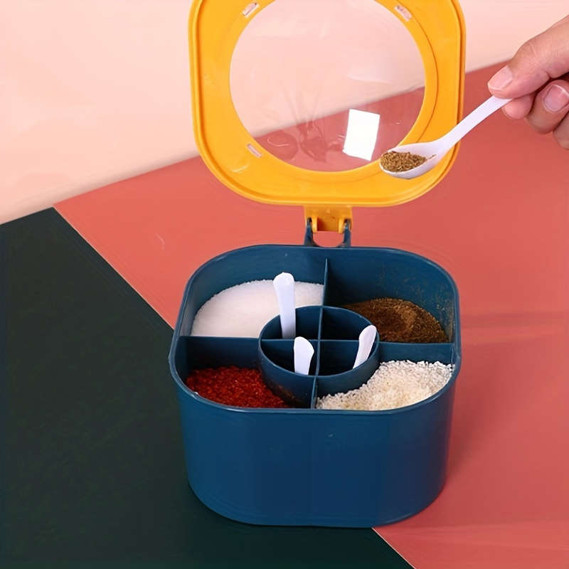 1pc 4-in-1 Large Capacity Seasoning Box with Lid and Spoon Durable ABS Material Four Compar