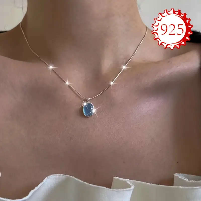 925 Sterling Silver Hypoallergenic Necklace, Single Piece, Women's Aquamarine Moonstone Pendant