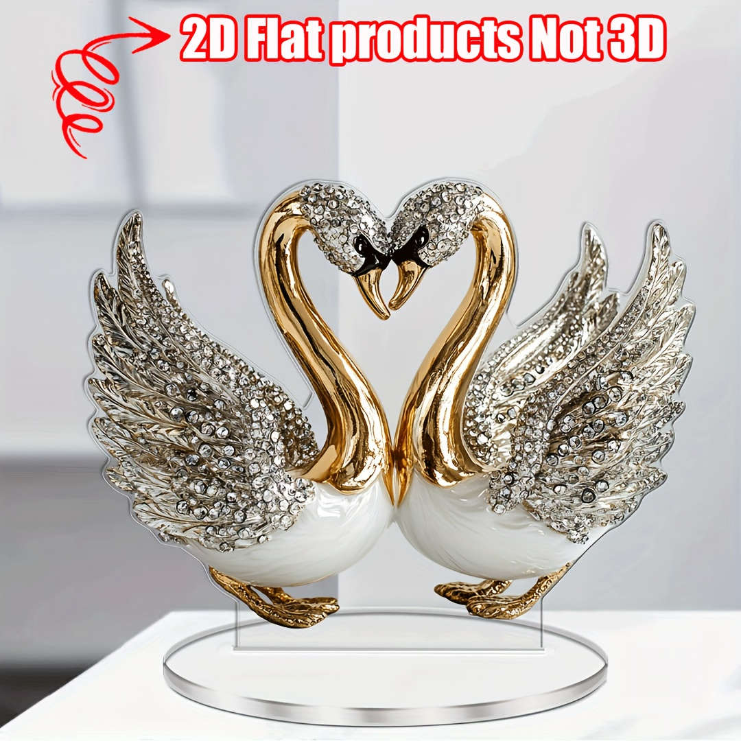 2D Flat  Acrylic Swan Sculpture 18.03Cm X 14.0Cm Elegant White Golden-Toned
