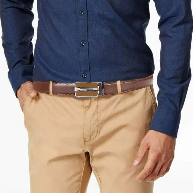 Men's Genuine Leather Ratchet Belt with Adjustable Automatic Brown 110CM