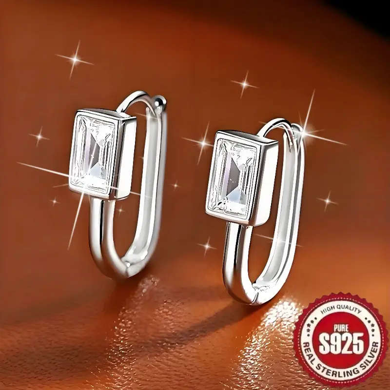 925 Sterling Silver Plated Bohemian Starry Sky Earrings - U-Shaped Hoops Sparkling Cubic Zirconia