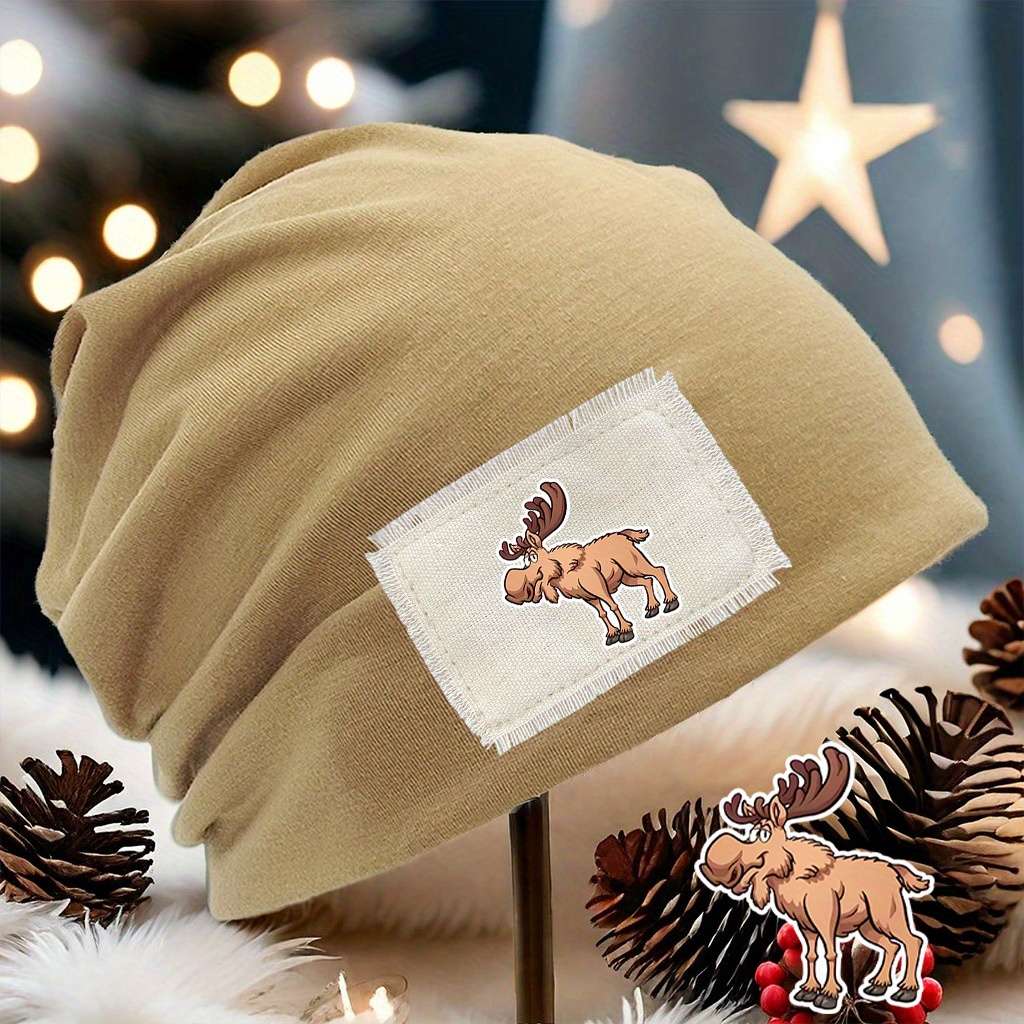 Cozy Moose Print Beanie Hat Unisex Stretch Fit Lightweight Washable Brown With White Pat