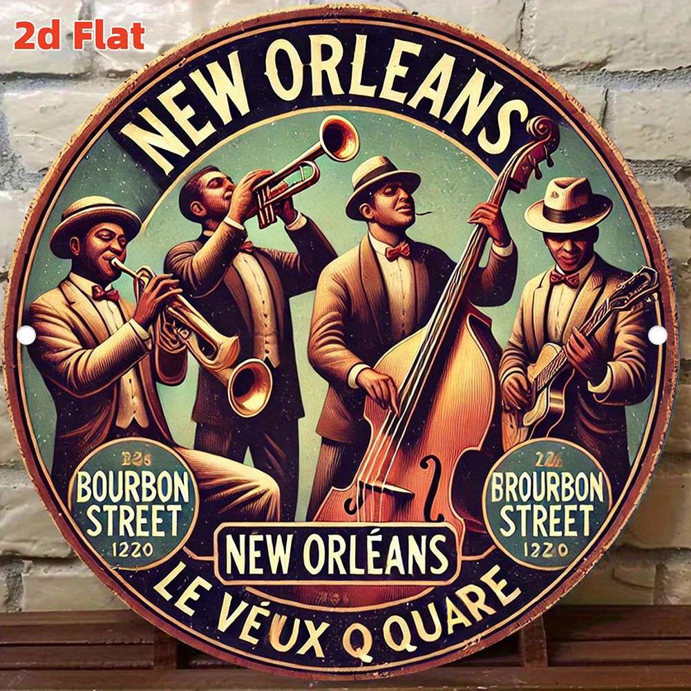 2D Flat Vintage New Orleans Jazz Band 2D Aluminum Wall Art Rustic Round Decorative Plaque W