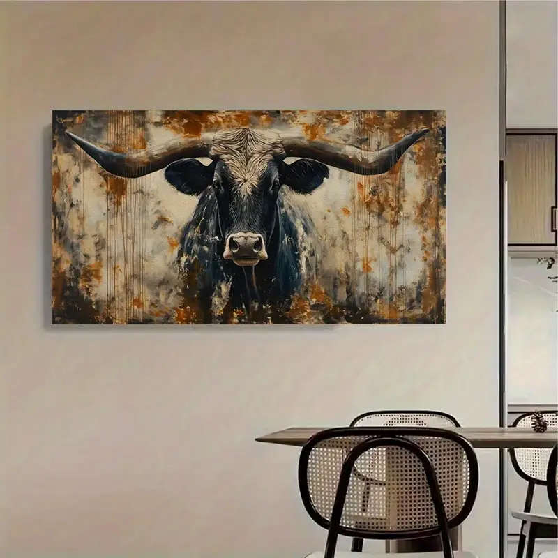 Rustic Longhorn Bull Canvas Art Print - Modern Farmhouse Wall Decor, Unframed