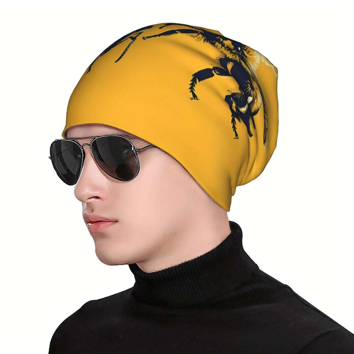 Fashionable Men'S Novelty Bee Print Beanie Hat Polyester Knit Skull Cap With Elastane No