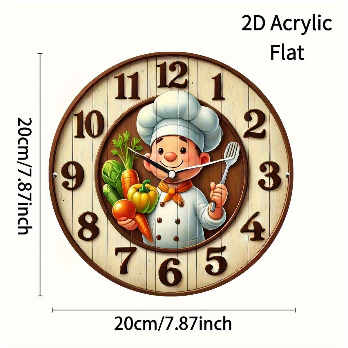 1pc 2D Flat 19.99cm Modern Chef-Themed Round Wall Clock Handcrafted Wooden Decor Not real clock