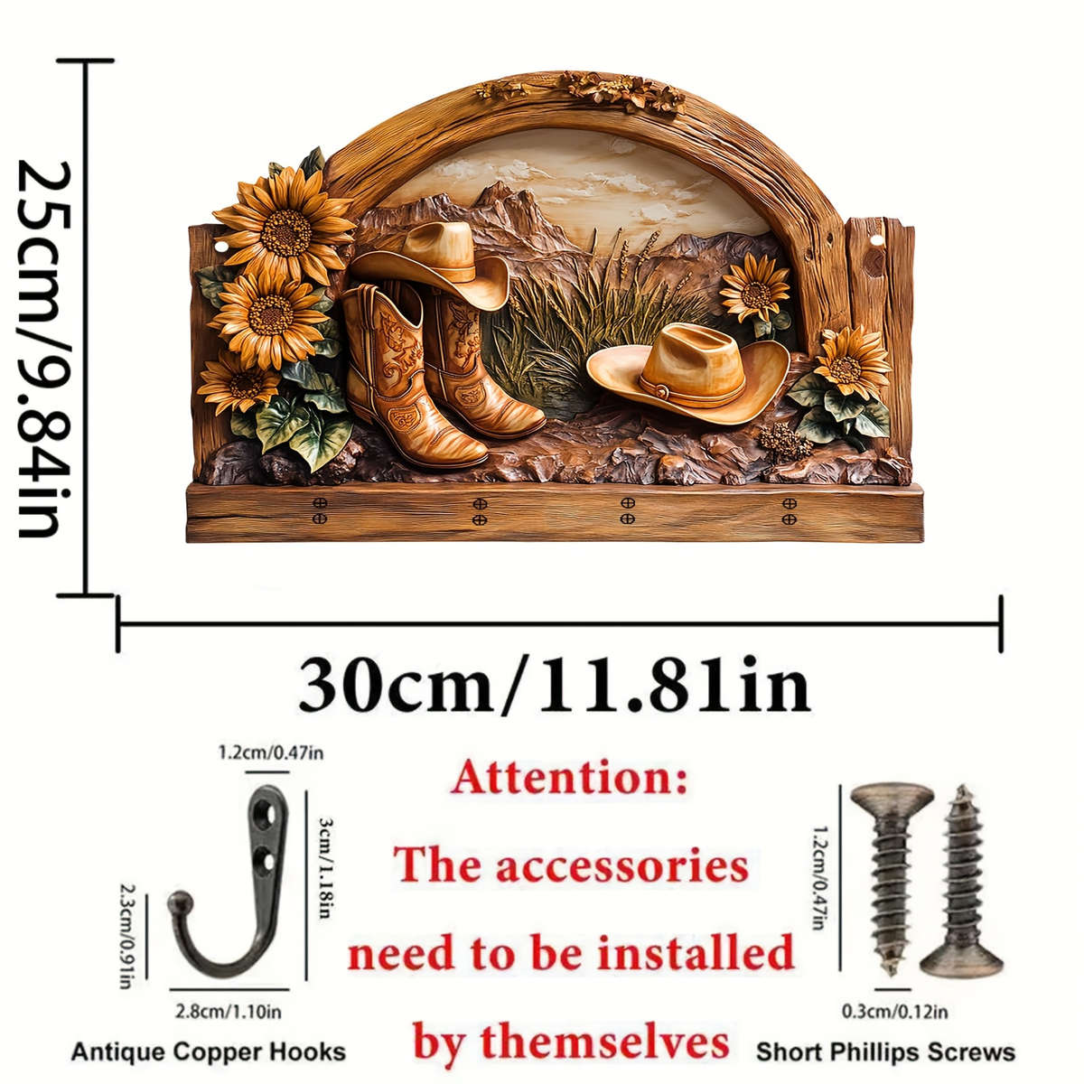 A Sunflower Cowboy Hat a Simple Colorful Wooden Key Hook with Four Metal Hooks (30.0cm X 24.99cm)