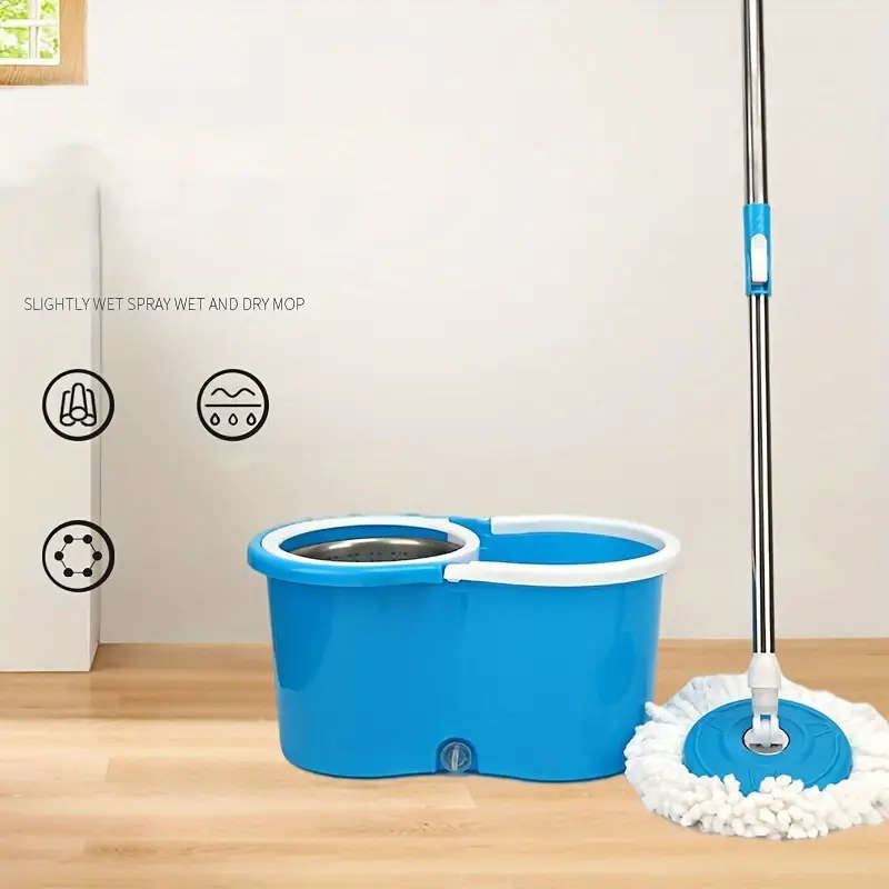 360° Rotating Mop Bucket Set with Stainless Steel Extended Handle and Microfiber Replacement Pads -
