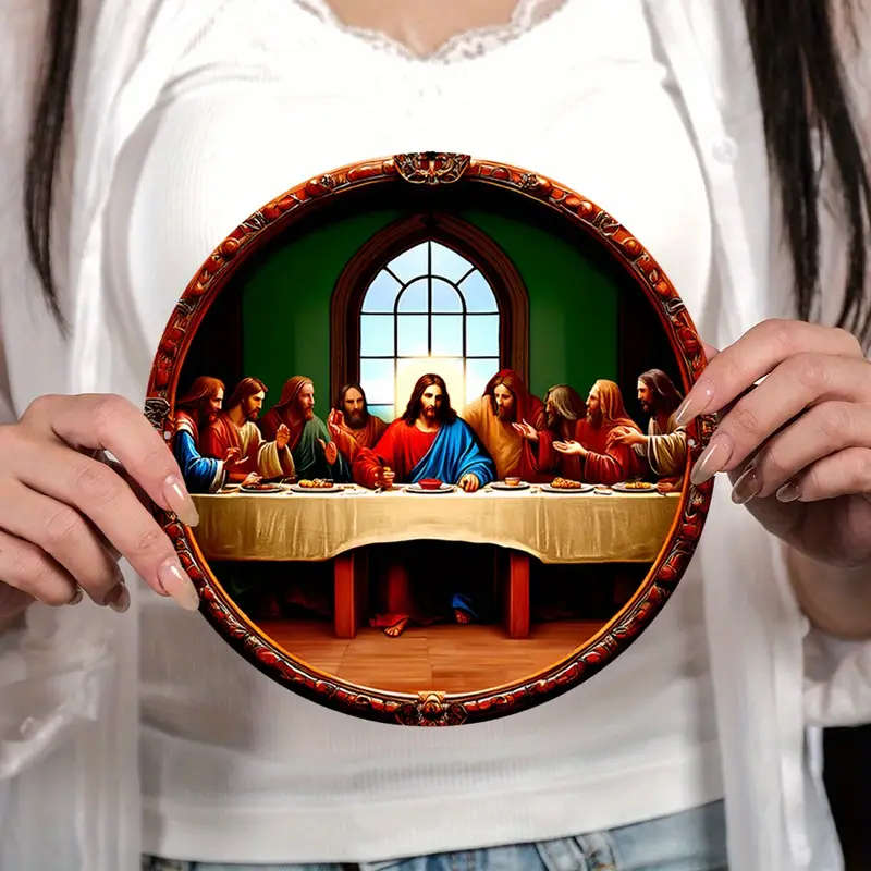1pc Vintage Aluminum Last Supper Wall Art 19.81cm Round Sign with Stained Glass Design Waterproof Fa