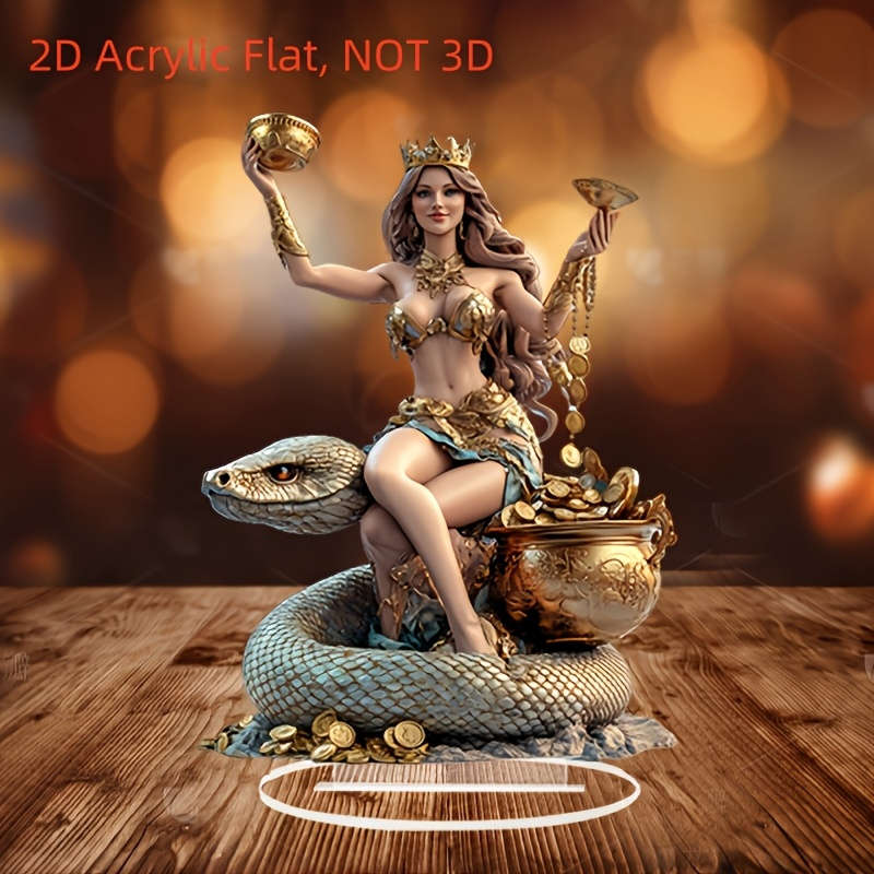 1pc 2D Flat  Elegant Bohemian  Acrylic Snake Goddess Statue with Golden Accents Luxurious Deskt