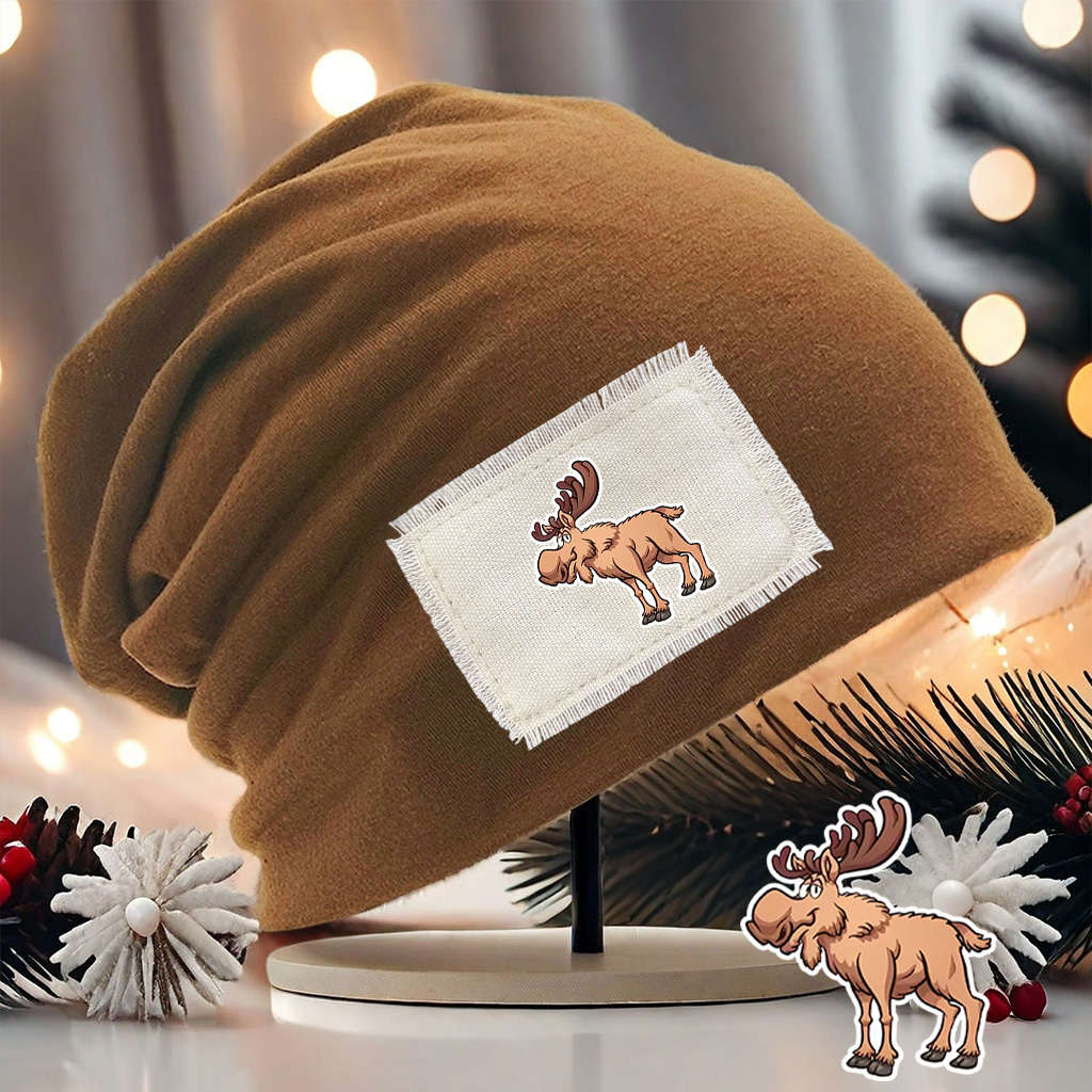 Cozy Moose Print Beanie Hat Unisex Stretch Fit Lightweight Washable Brown With White Pat