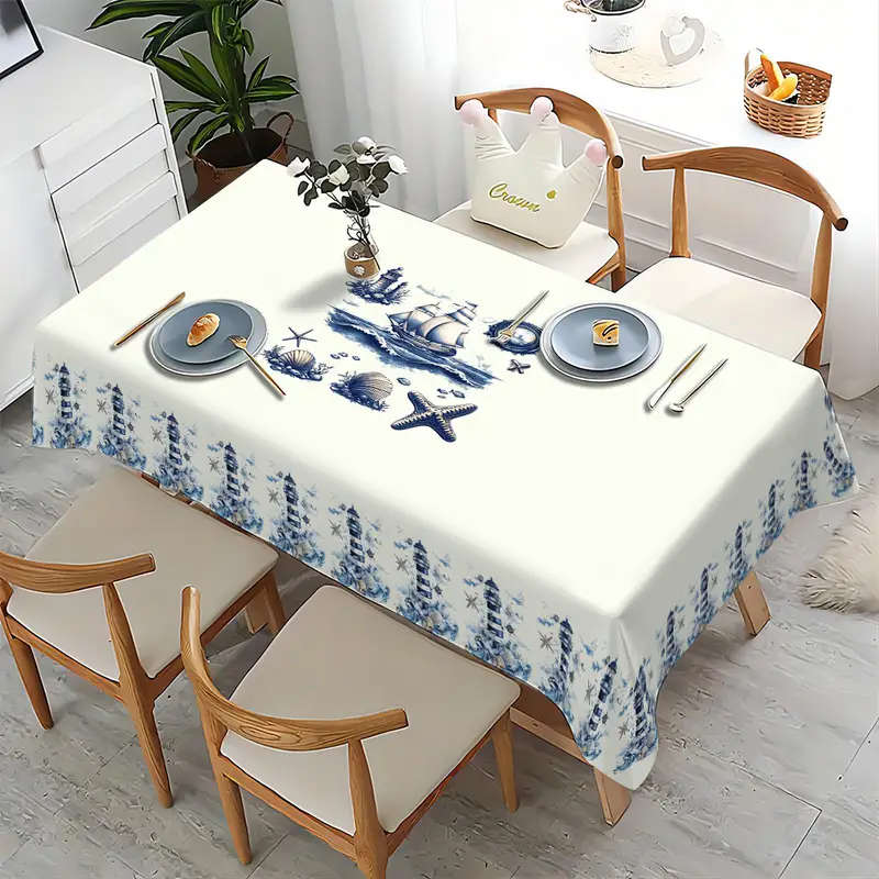 Sailboat Starfish Shell Lighthouse Pattern Table Runner Size 140X180Cm Ocean Theme Polyester