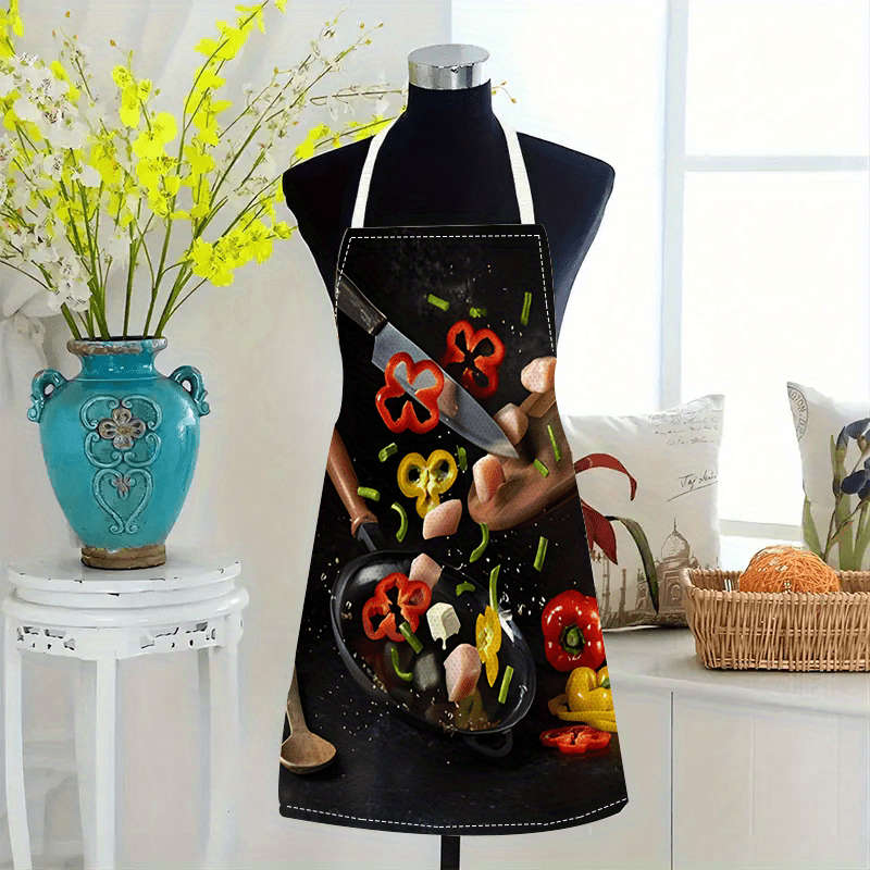 1pc Large Linen Kitchen Apron with Vibrant Red Pepper Vegetable Print Durable Washable Ad