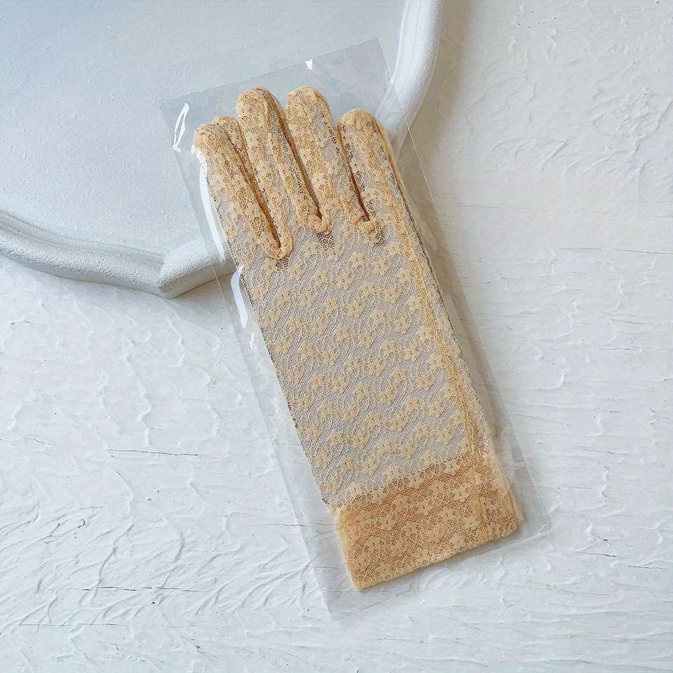 1 Pair Grey One Size Floral Lace Gloves