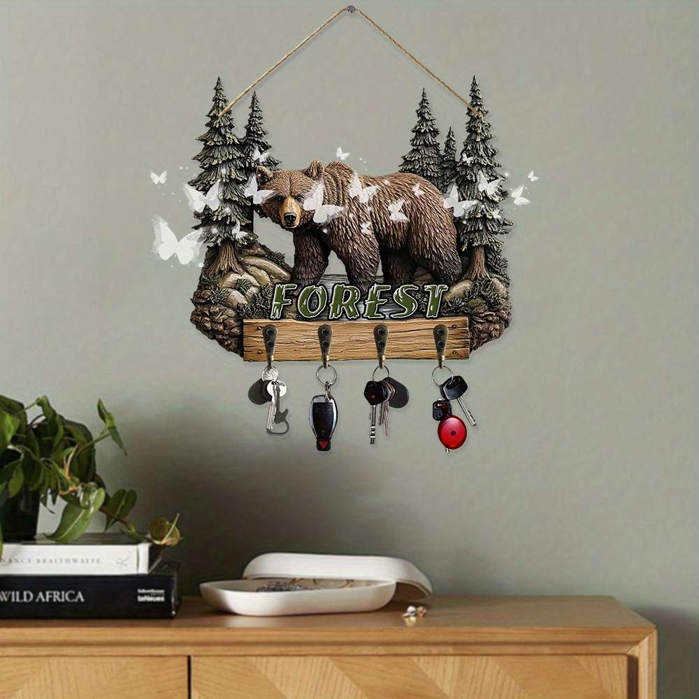 Vintage Forest Bear Wall HookRustic Wooden Key Holder with Brown Bear  Pine Tree Design Perfect