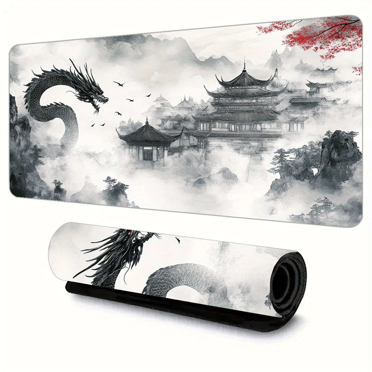 1pc 40x90cm Gaming Mouse Pad Vintage Ink-Style Dragon Design Non-Slip Rubber Desk Mat