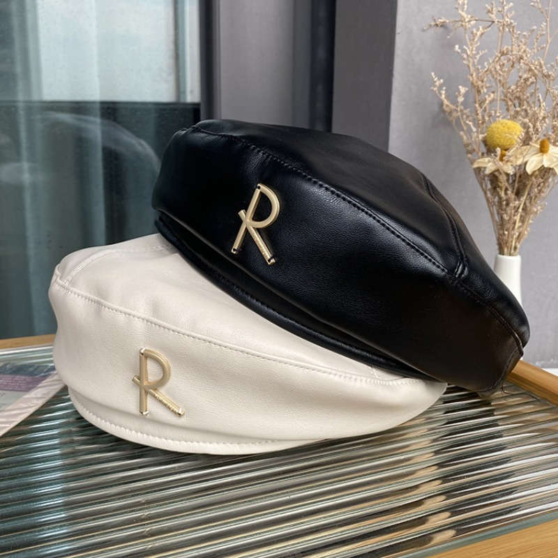 1pc Men'S Women'S Stylish Black White Letter R Beret Hat Lightweight Polyester Vintage-In