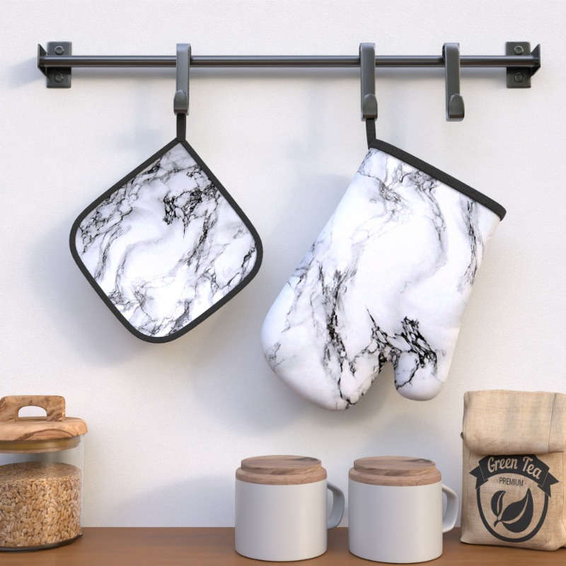 2pcs Marble Pattern Polyester Oven Mitts Heat Resistant Pot Holders Woven Machine Washable