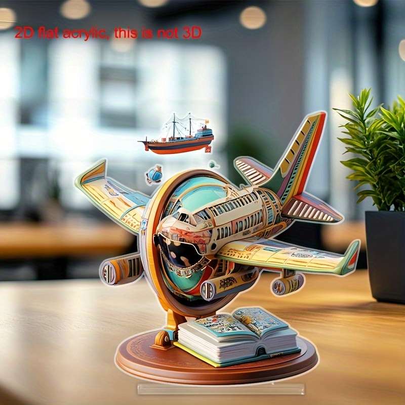 2D Flat Vibrant Acrylic Airplane Globe Tabletop Decor Colorful Rainbow Design Perfect For