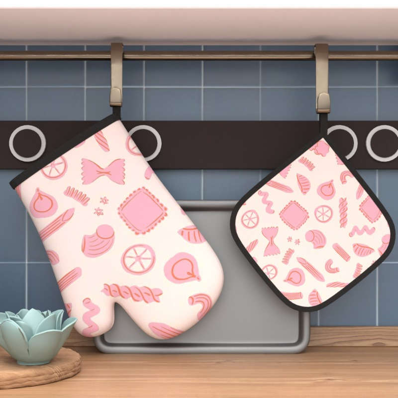 2-Pack Pink Pattern Polyester Oven Mitts 26.92x17.02 cm Heat Resistant Kitchen Potholders Ma