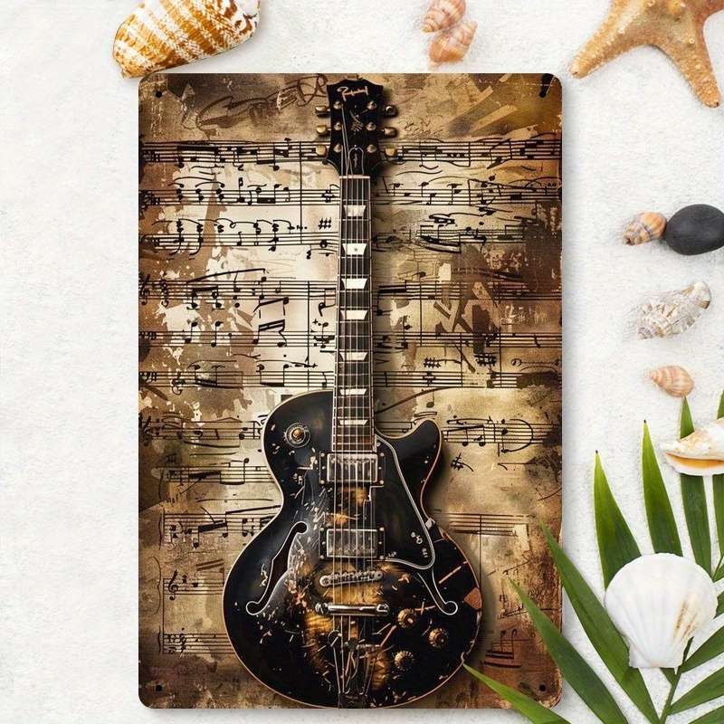 Room Decor  Vintage Iron Sign Guitar Musical Instrument Theme Retro Wall Decor 2D Flat P