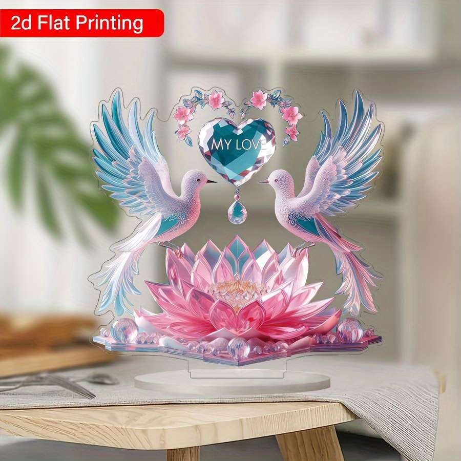 2D Flat Printing Acrylic Desk Decor With Doves Lotus Flower Design Glam Style No