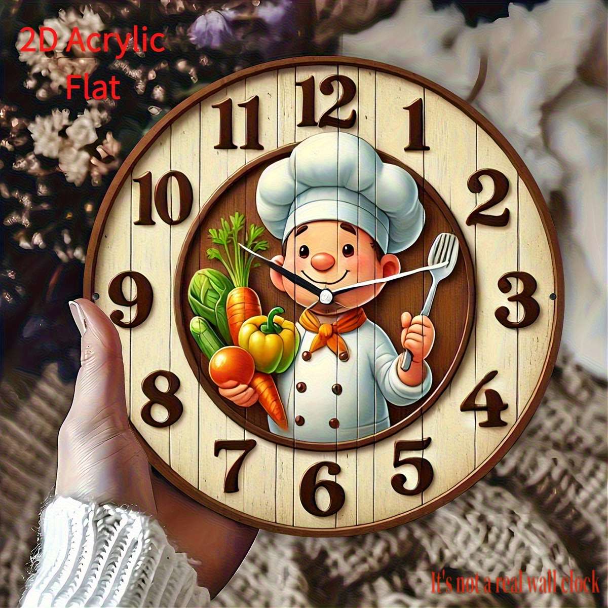 1pc 2D Flat 19.99cm Modern Chef-Themed Round Wall Clock Handcrafted Wooden Decor Not real clock